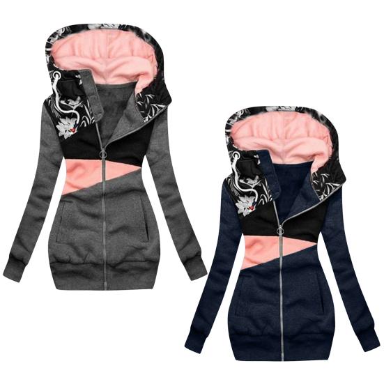 Kadın Kapüşonlu Sweatshirt Kontrast Renkli Patchwork Sonbahar Kış Sıcak Cepli Günlük Giyim İçin