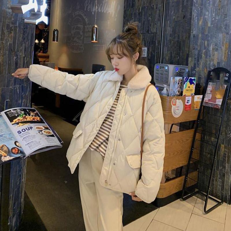 Winter Down Coat Korean Fashion Short Rhombic Cotton Coat Short Lapel Fur Collar Slim Down Jacket