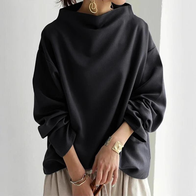 Women Cowl Neck Knit Long Sleeve Top Solid Blue Loose Oversized Casual Office Blouse