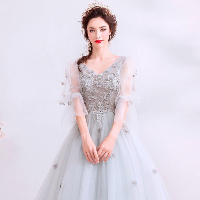 1011 New Gray Long-sleeved Dinner Party Annual Meeting Stage Performance Host Catwalk Wedding Dress Evening Dress Summer