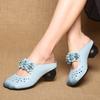 Women's Leather Hollow Out Baotou Block Heel Slipper Summer Soft Sole Non Slip Ethnic Style Flower Outdoor Half Slipper Slippers