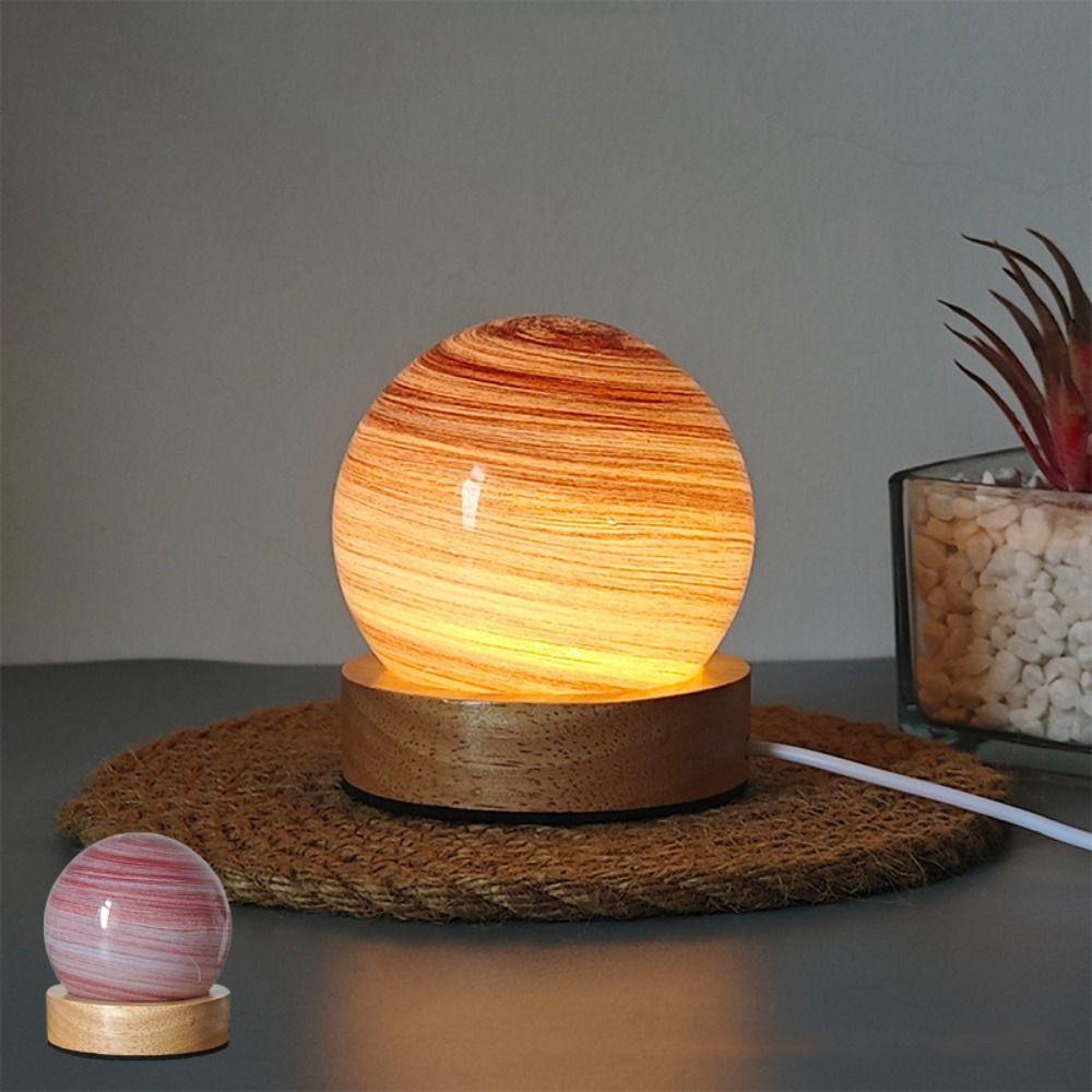 USB Plug in 3D Planet Glass Lamp With Wooden Stand 3 Color Light 80MM LED Night Light Desktop Ornament Dimmable