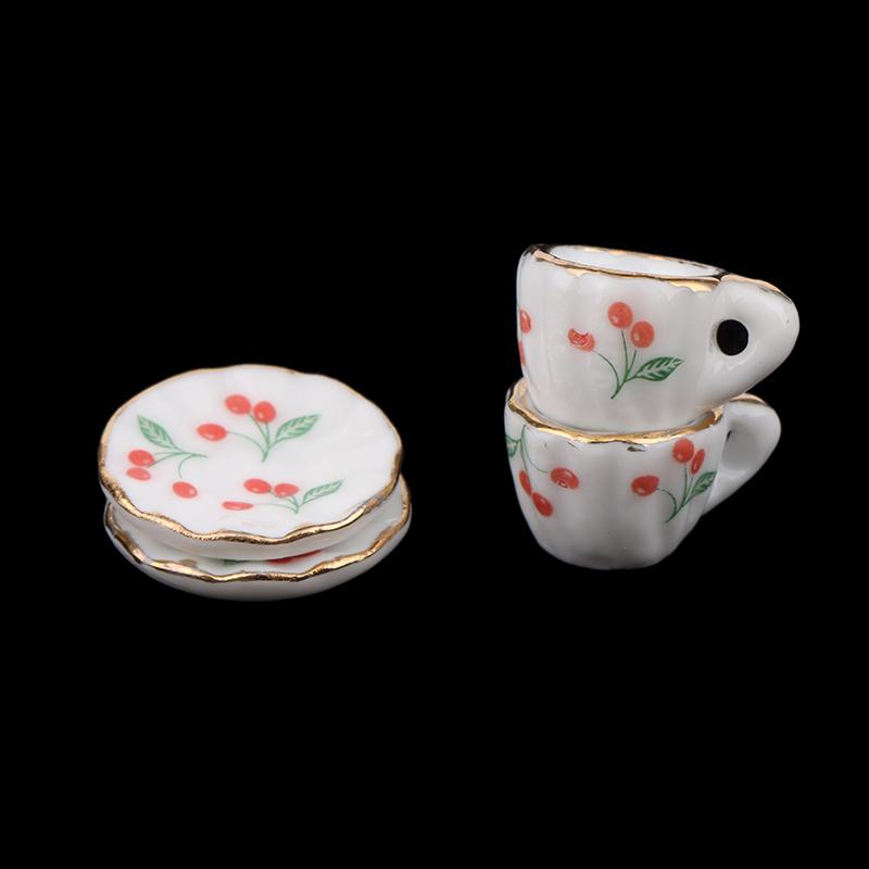 1Set/2Pcs 1:12 Dollhouse Miniature Cherry Ceramic Cup Saucer Kitchen Tableware Model Decor Toy Doll House Accessories