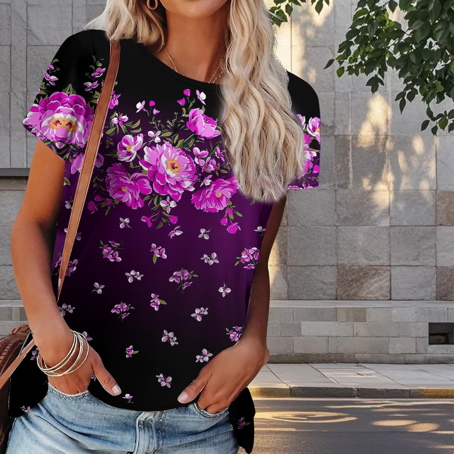 

Женская летняя футболка с цветочным принтом в стиле ретро, футболки с коротким рукавом, повседневные топы с принтом 8XL розовый