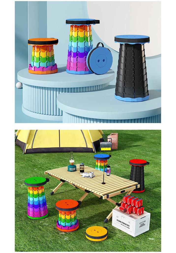 Rainbow Retractable Portable Camping Stool - Round, Plastic Folding Design.
