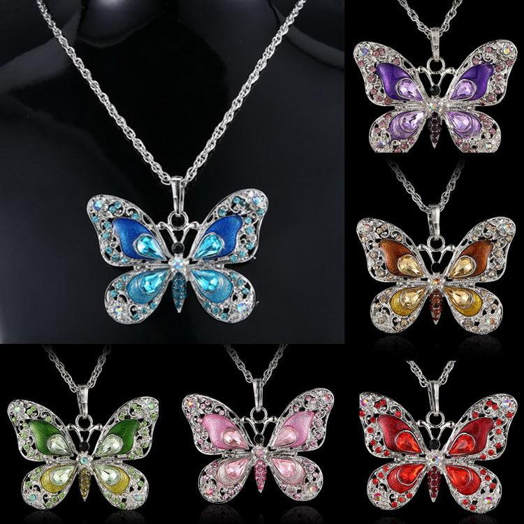 Vintage Enamel Butterfly Pendant Necklace Crystal Rhinestone Colorful Jewelry for Women