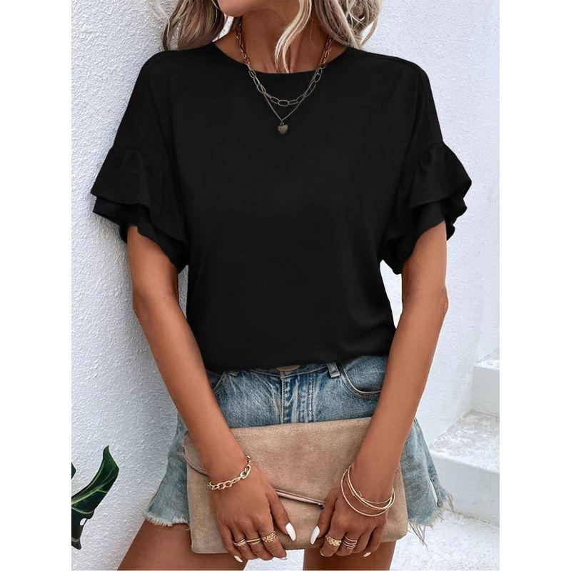 

Fashion Style Women s Ruffled T-shirt Raglan Sleeves Loose Easiest for Match Teenagers Deep Black Color Pleated round Neck Cut Black XS