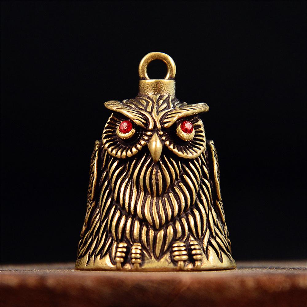 Owl Brass Bell Hand Carving Vintage Crafts Good Luck Ornament for DIY Keychain Wind Chime Doorbell Home Decor Gift