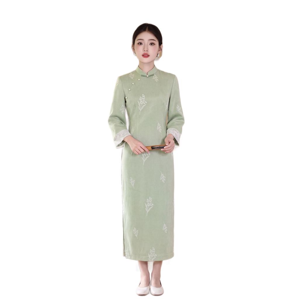 New Chinese-style improved cheongsam women's spring, autumn and winter green jacquard long dress retro daily slim and thin cheongsam