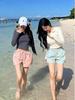Women's Korean Style Slimming 3-Piece Swimsuit Set: Long Sleeve, Shorts, Sunscreen.