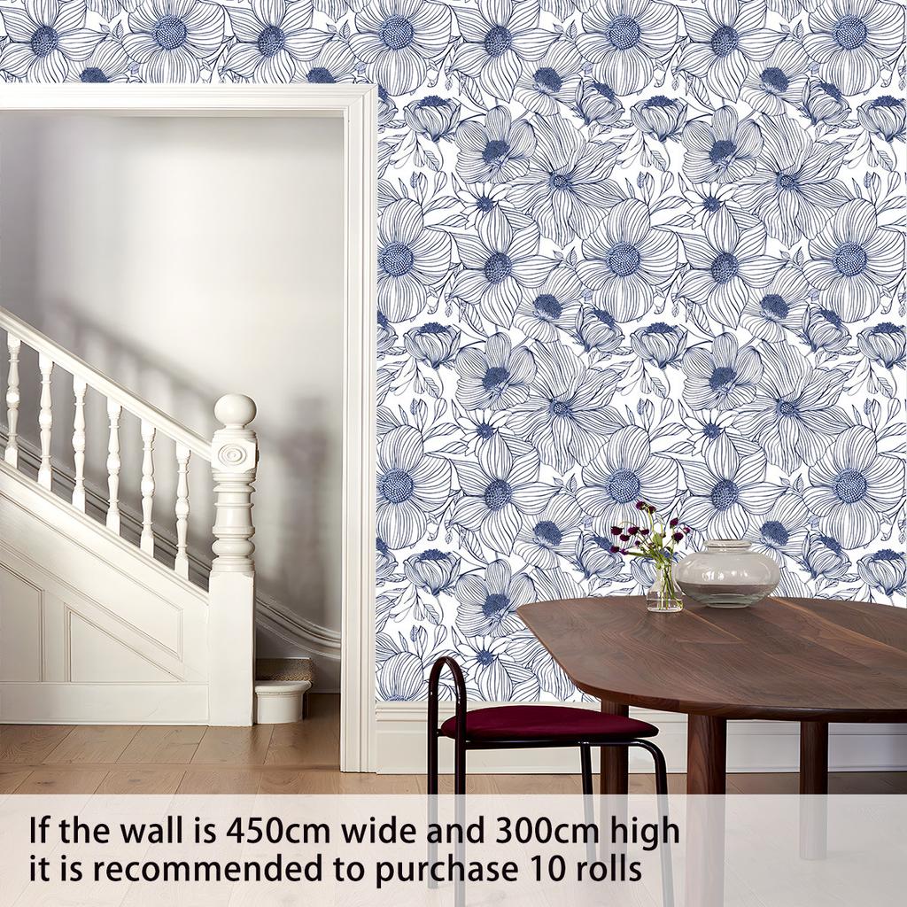 Floral Peel and Stick Wallpaper Blue White Boho Contact Paper for Bedroom Bathroom Removable Self Adhesive Wallpaper Rolls