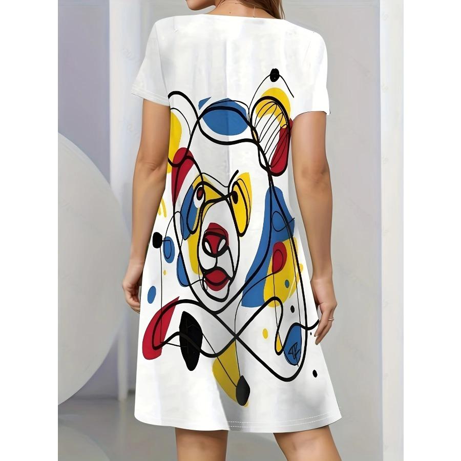 Women's Casual Cartoon Dog Print Mini Dress - Short Sleeve, Loose Fit, Round Neck  Y2K Female Clothing New Year's Casual Wear
