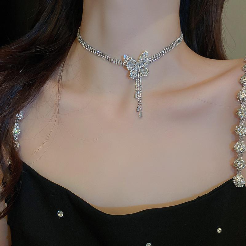 Butterfly Drop Oil Pearl Faux Crystal Necklace Versatile High-end Clavicle Chain Niche Design Jewelry Women