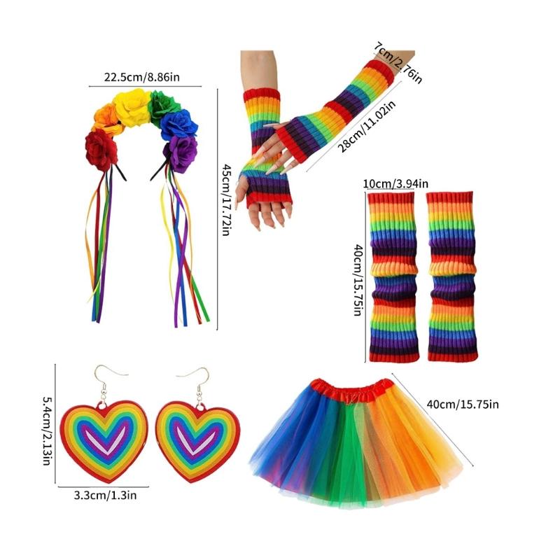Kostüm-Set Regenbogenfarben Stirnband Ohrringe Brille Rock Beinärmel Lange Handschuhe Damen Halloween Kostüm Zubehör