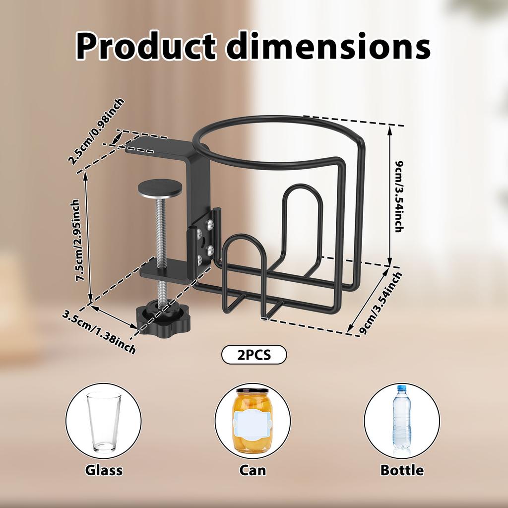 2Pcs Desk Cup Holder Table Universal Adjustable Pgraded Arm Clamp Nonslip Storage Rack Clip on Coffee Bottles