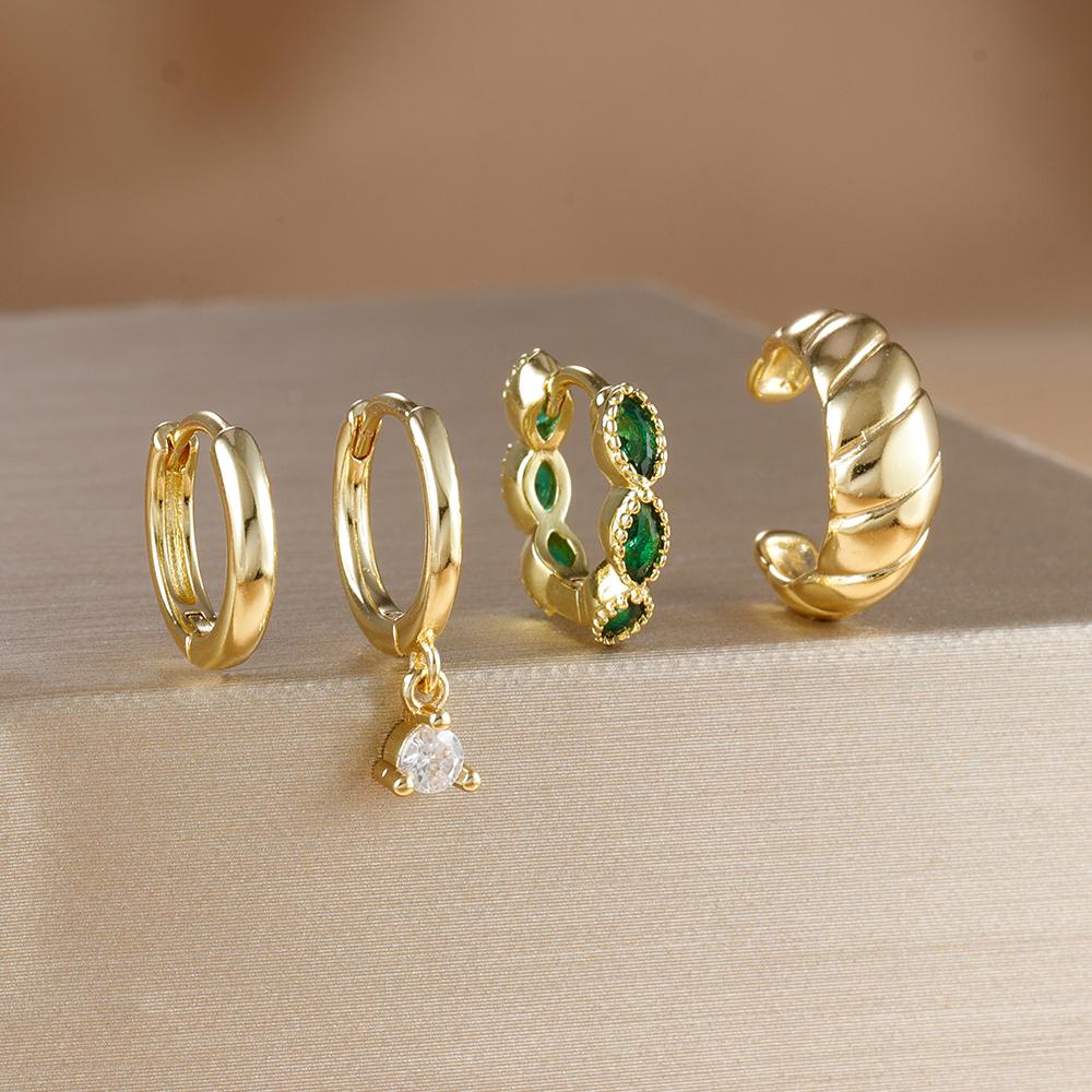 

4PCS Stainless Steel Cubic Zirconia Star Leaves Hoop Earrings Set for Women Gold Plated Long Chain Piercing Jewelry Aretes