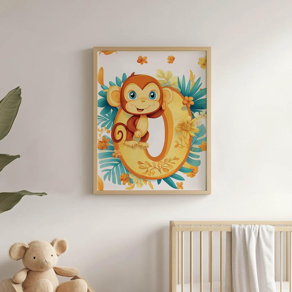 Plakat Wesoła Małpka Na Literze "O Plakat Wesoła Małpka Na Literze "O, 70X100 Cm, Rama Aluminiowa Czarna, Papier Matowy 230 Gsm