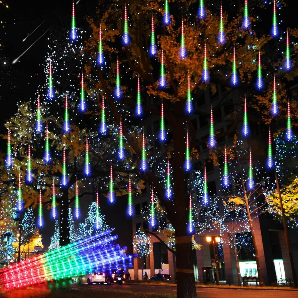 Outdoor LED Solar Meteor Shower Lights: Colorful, Waterproof Tree Decoration String for Courtyard and Holiday Hanging.