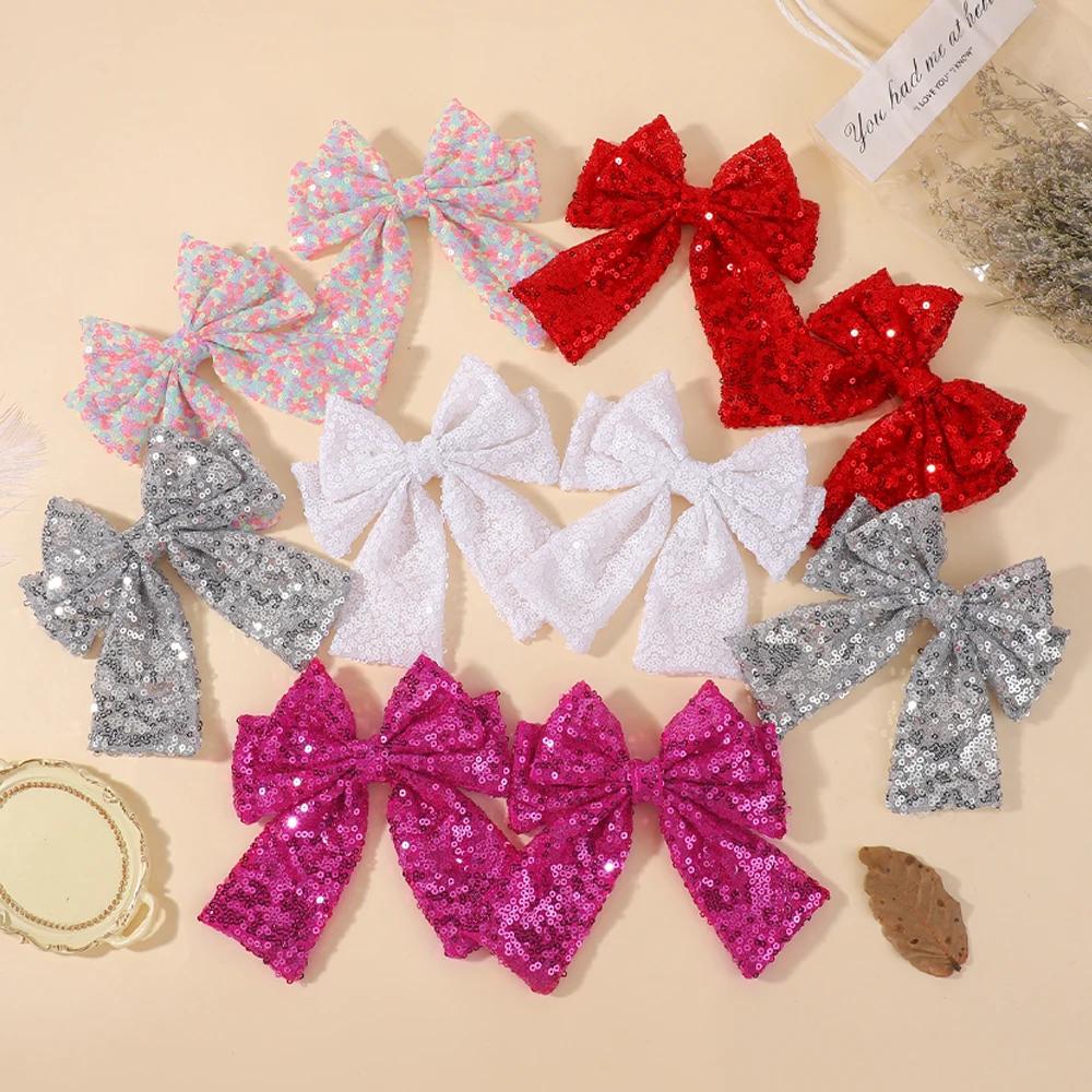 Baby Girls Christmas Glitter Sequins Big Bow Hair Clip 4.9'' Bowknot Hairpins Sweet Cheerleading Festival Headwear