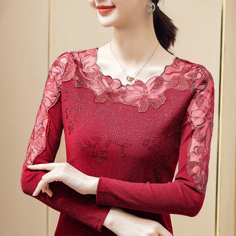 Women's Spring/Fall Long-Sleeve Lace-Lined Camisole with Mesh Collar, Korean-Style Slim-Fit T-Shirt