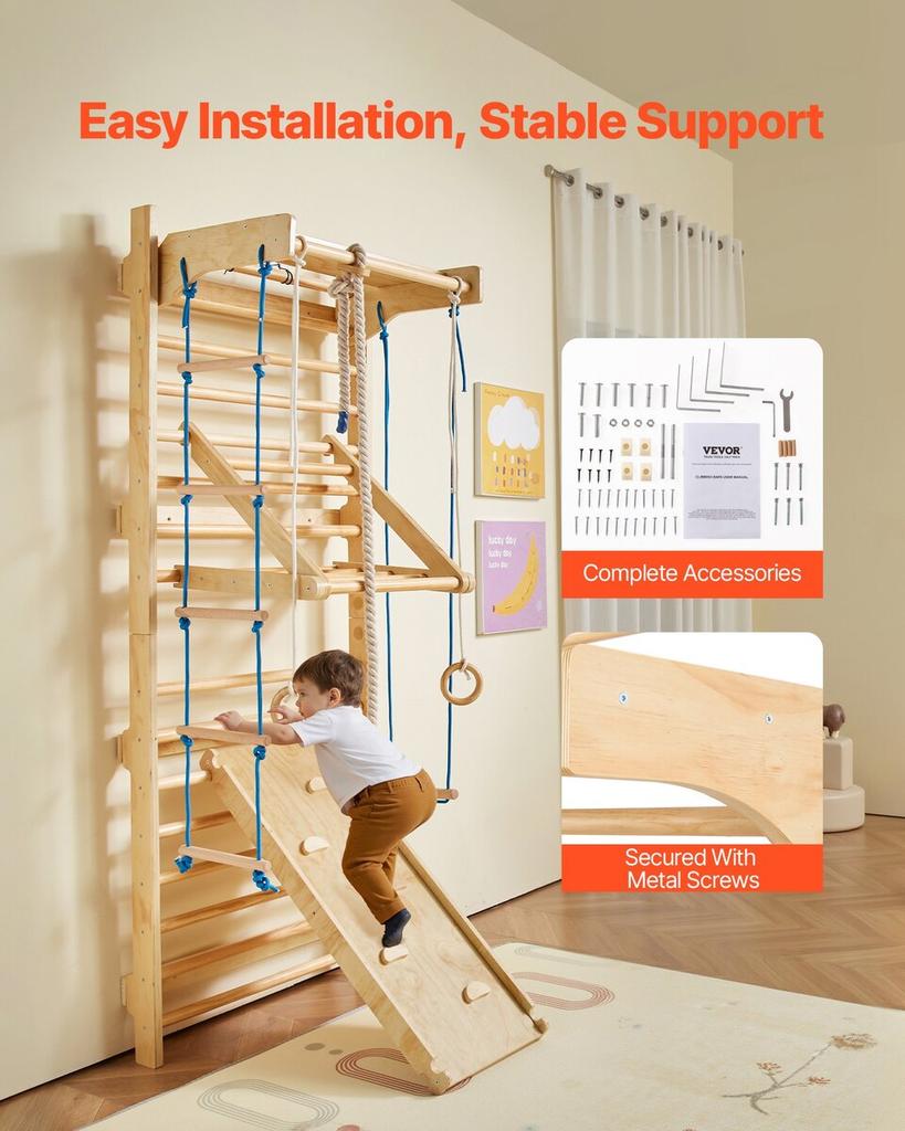 Swedish Ladder Wall Gym, 8-in-1 15 Levels Solid Wood Indoor Jungle Gym, 220LBS Wall Stall Bars Climbing Playset with Wall Ladder, Slide Board, Pull-Up