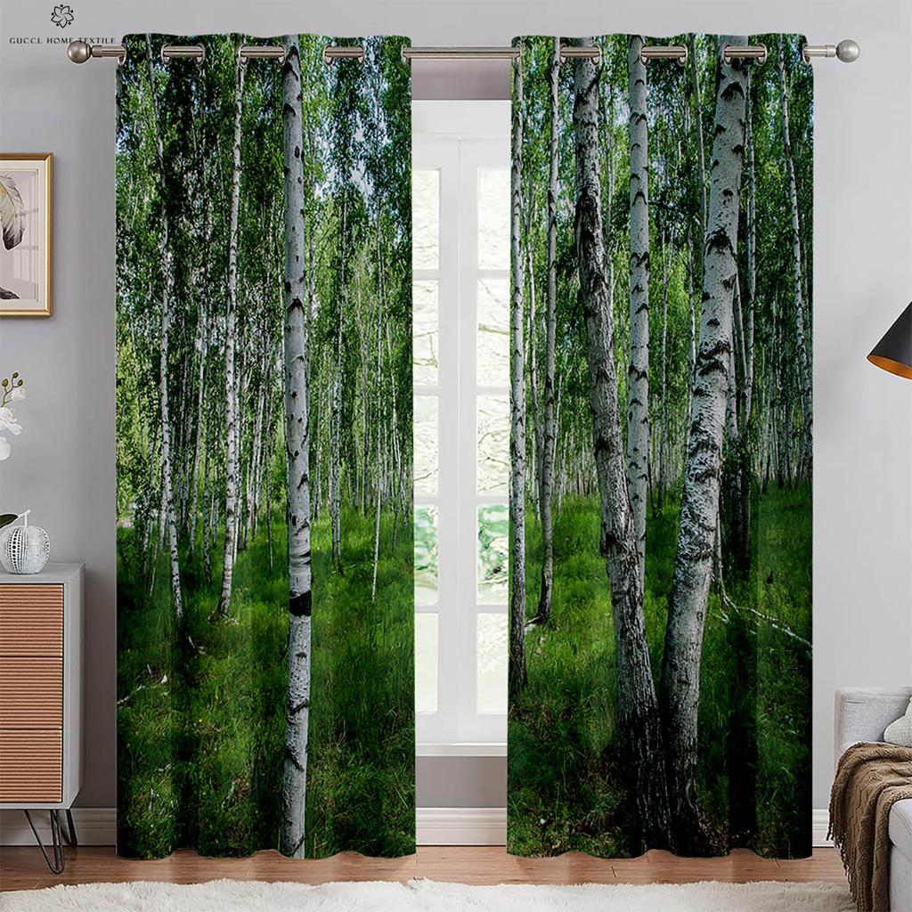 2pcs Forest Scenery 3D Stereo Printing Curtain Grommets 100% Polyester Bedroom Living Room Kitchen Window Decorative Curtains