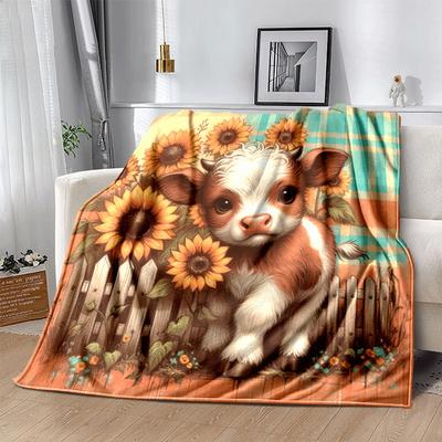 1pc Highland Cow Printing Lightweight Flannel Blanket, Comfortable and Warm Blanket, for Camping Sofa Bed and Couch Office, In All Seasons
