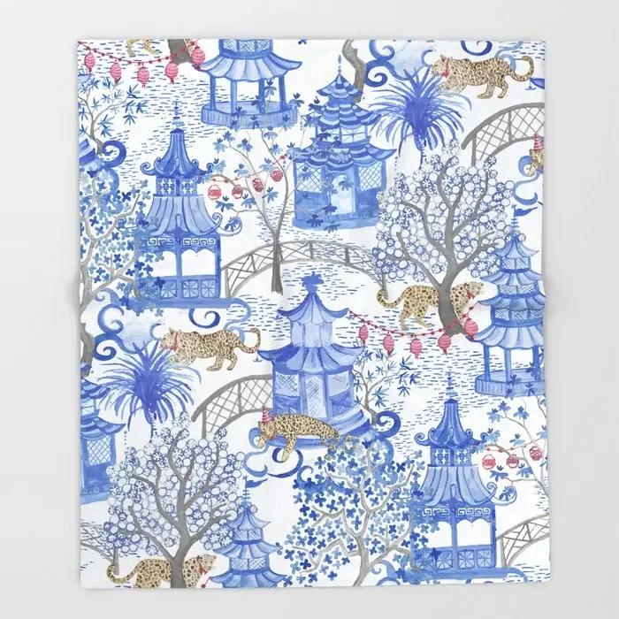 Ancient China Blue Willow Blanket Blue Chinoiserie Toile Throw Blankets Warm Microfiber Blanket Flannel Blankets for Couch Bed 75x90cm