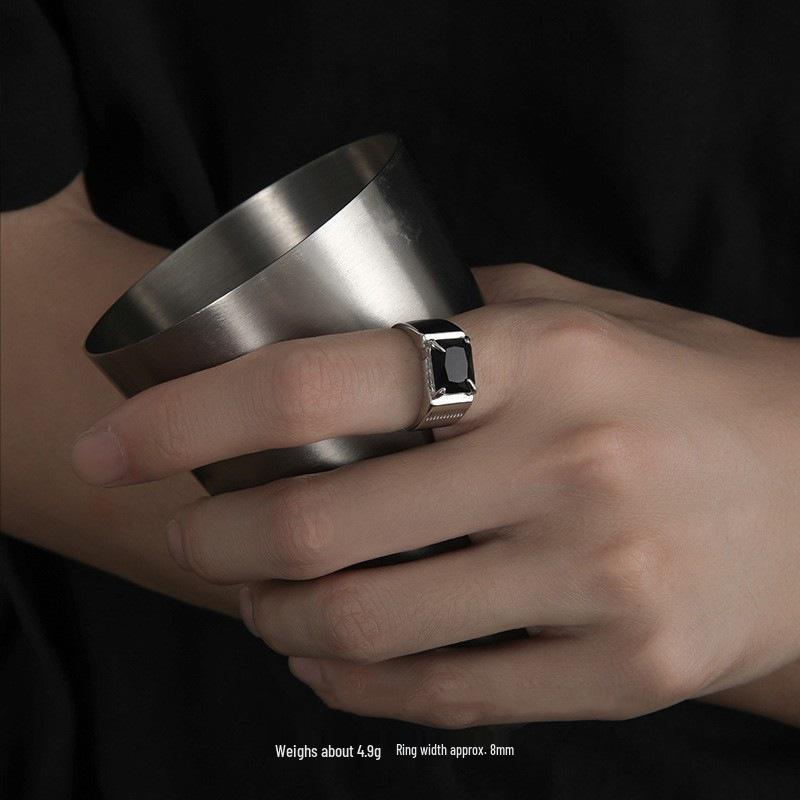 

Черное овальное открытое кольцо с серебряным покрытием S925 - Женская хип-хоп панк мода, Штабелируемый аксессуар на указательный палец Adjustable