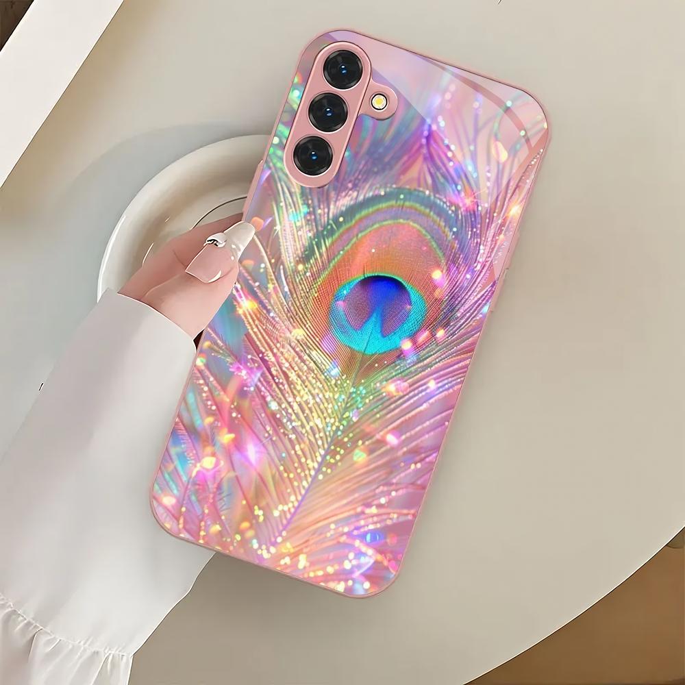 Colorful peacock feather glass phone case suitable for Samsung Galaxy S26 S25 S24 S23 S22 S20 FE/Ultra/Plus anti fall back cover