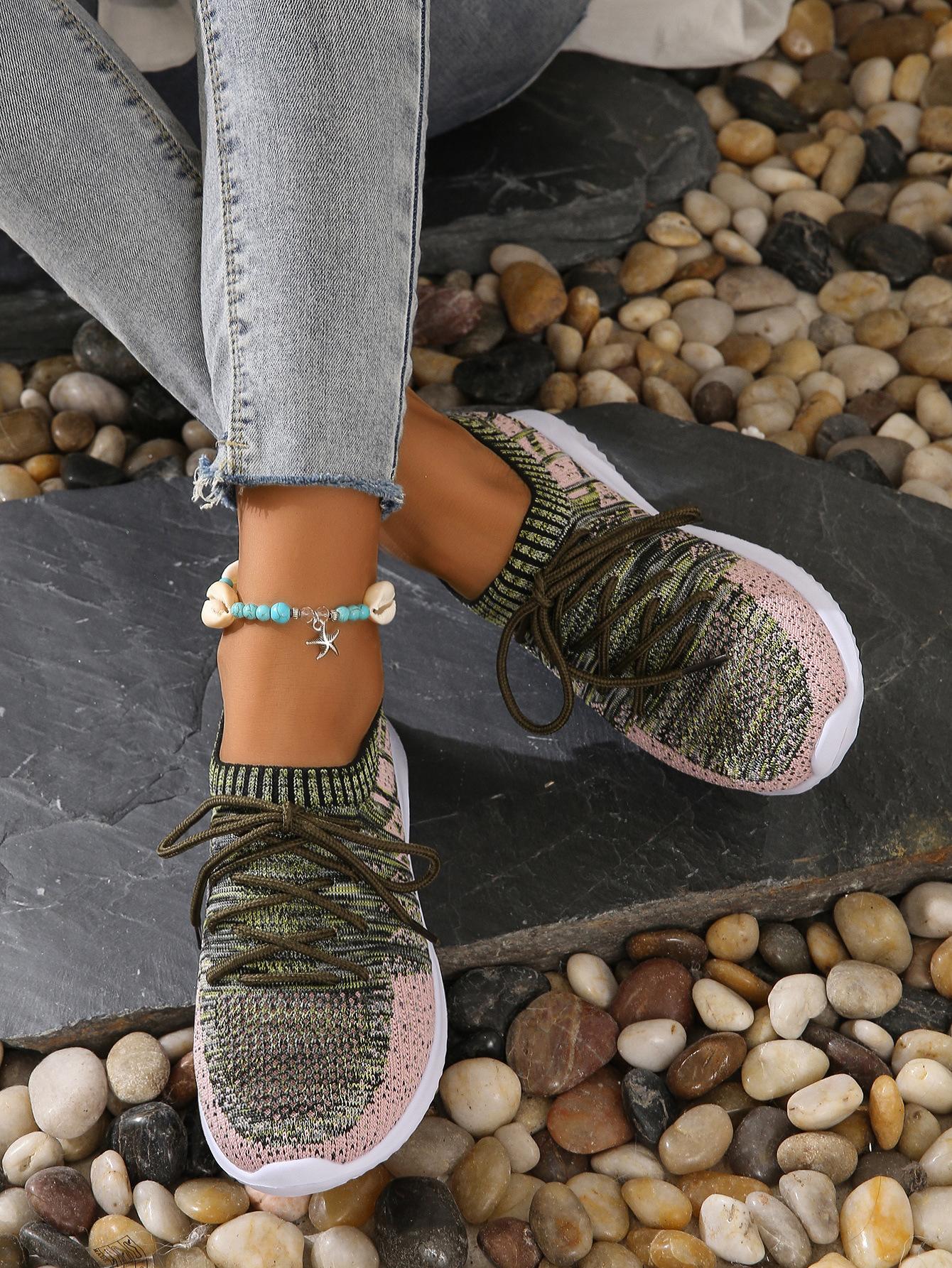 

2025 autumn new sports shoes light lace-up fabric round head solid color single shoes low-top socks women s shoes 43 армия зеленый