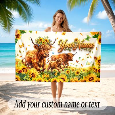 Highland Cow Theme Quick Dry Beach Towel Custom Name Text Print Large Sand Resistant Towel Beach Vacation