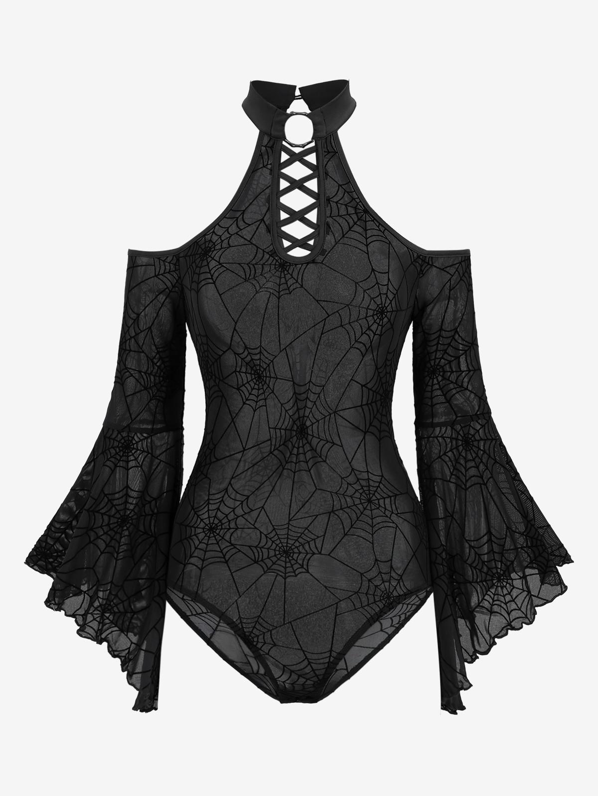 

Rosegal Gothic Flare Sleeve Open Shoulder Сетка Flocking Spider Web Lace Up O-Ring Нижнее белье Боди XL чёрный