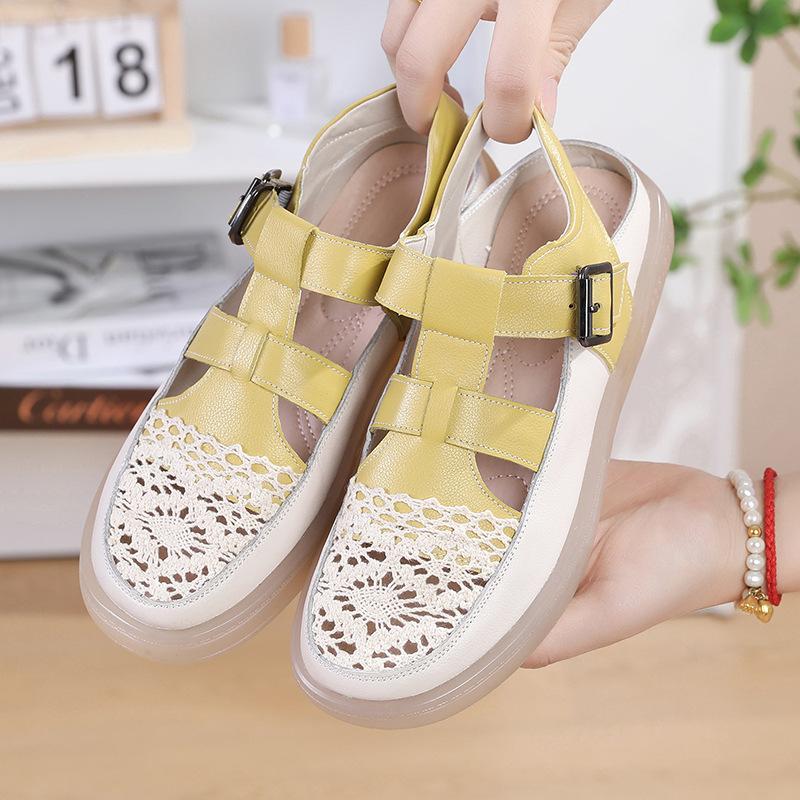 GKTINOO Genuine Leather Roman Sandals 2025 Summer Women Sneakers Closed Toe Comfortable Hollow Soft Sole Mom Shoes Plus Size