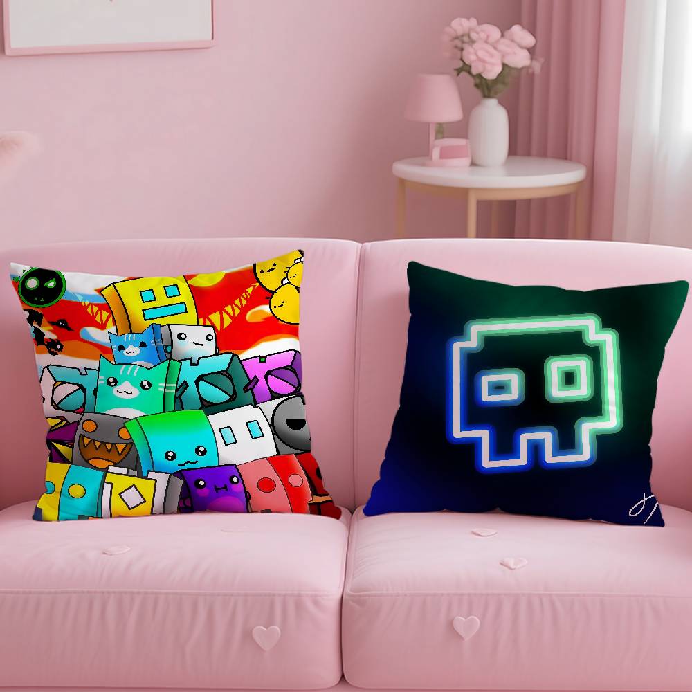 Anime Happy Cartoon Geometry Dash Video Game Pillow Case Anti-Dustmite Pillowcase Invisible Zipper Silky Short Plush Sofa Cushio