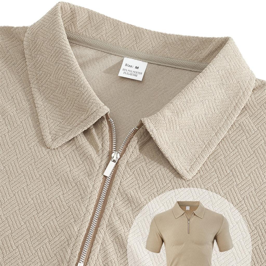 Summer Men Jacquard Textured Matching Set Half Zip Collar Polo Short Sleeve Top Drawstring Waist Shorts Golf Beach Two Piece Tracksuit