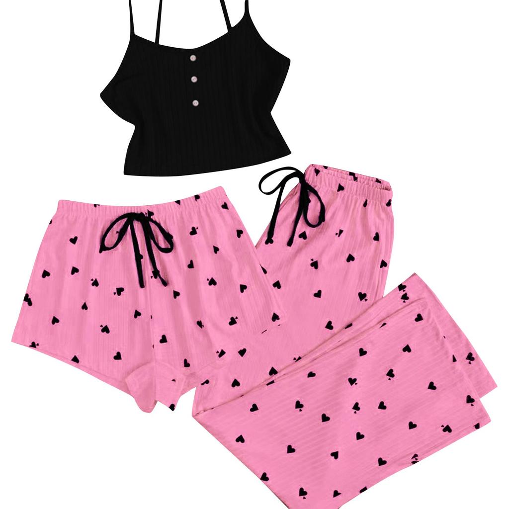 Women's Love Pajamas Sweet And Cute 3-Piece Set With High Quality Strap Shorts Set