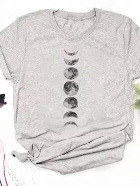 Maycaur Newest Funny Moon Print T Shirt Women White and Black Shirts Fashion Round Neck Short Sleeve T-Shirt Summer Tees Casual Top