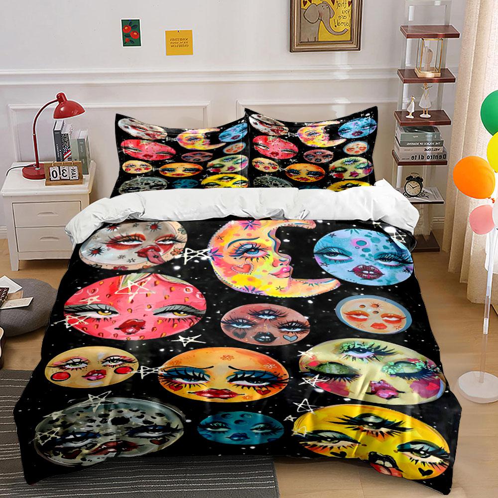 Colorful moons with faces. Bedding sets Duvet cover sets Duvet covers Pillowcases(1 * Duvet Cover 2 * Pillowcases without duvet insert)