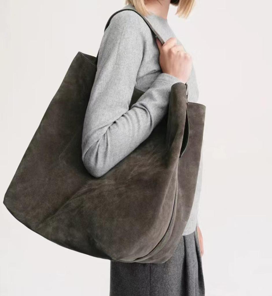 Retro Wildleder Rindsleder Pendler Tragetasche: Damen Eimerbeutel mit großem Fassungsvermögen aus echtem Leder