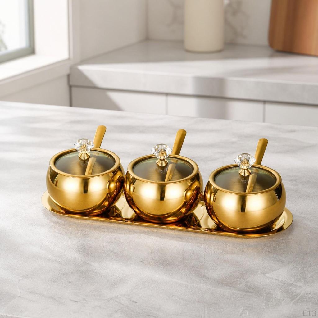 Stainless Steel Seasoning Container Set with Tray DustResistant ThreeCompartment Condiment Holder