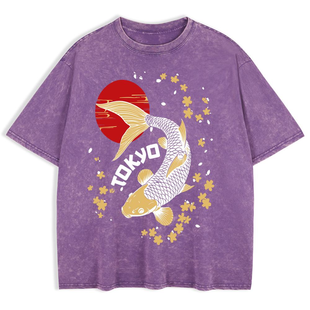 Japanese Koi Harajuku Printed Washed T-Shirts Mens Cotton Oversize T Shirt Casual O-Neck Short Sleeve Tops Summer Clothes