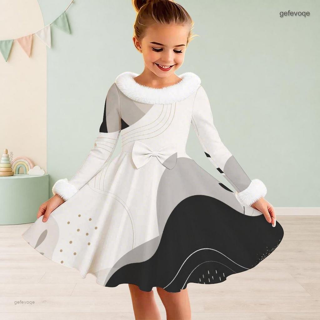 Girls High Neck Long Sleeve Printed A Line Flared Dress Faux Fur Trim Bow Decor