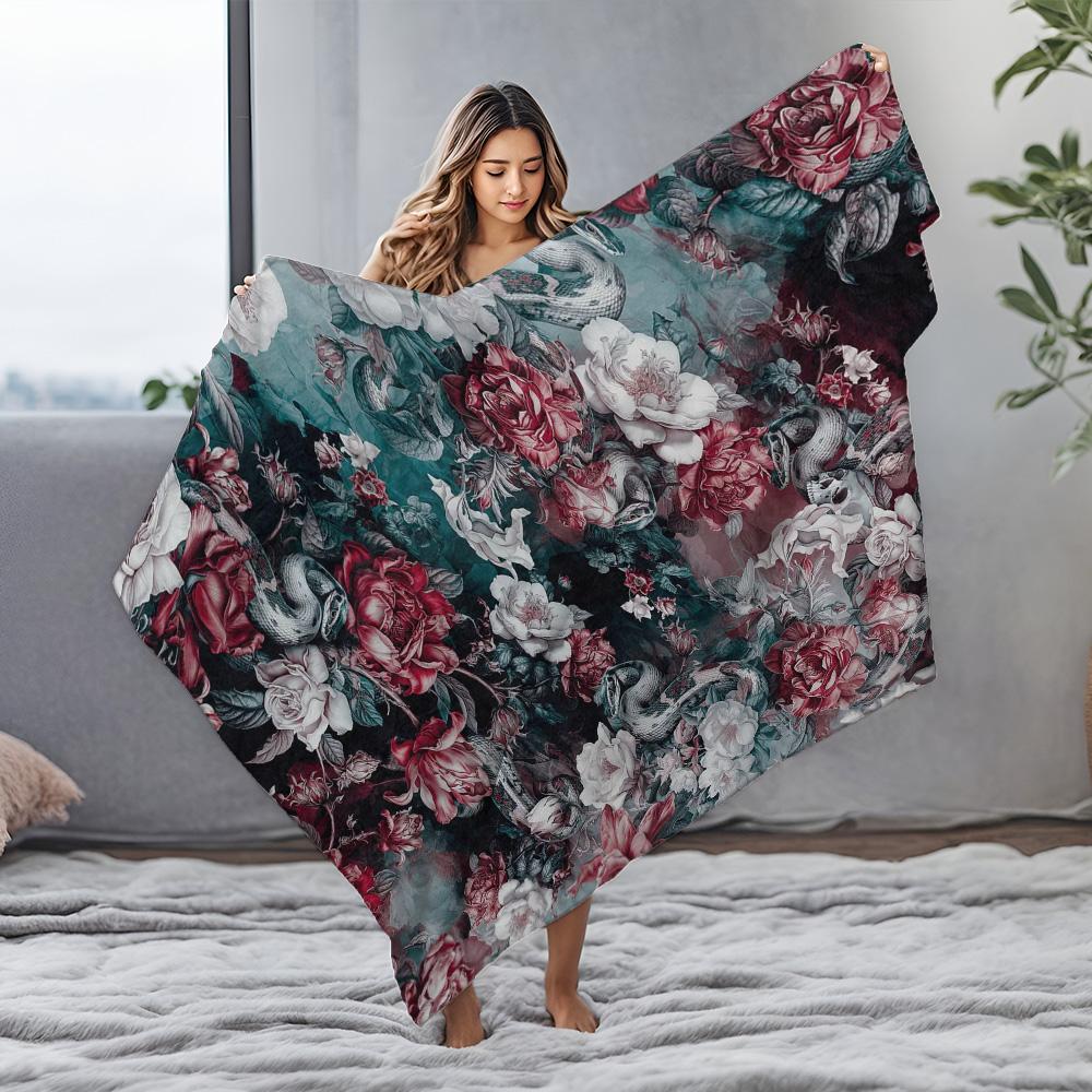 Velvet Floral Snake Print Throw Blanket Luxurious Soft Cozy Bed Sofa Decorative Throw Blanket Gift for Women Girls