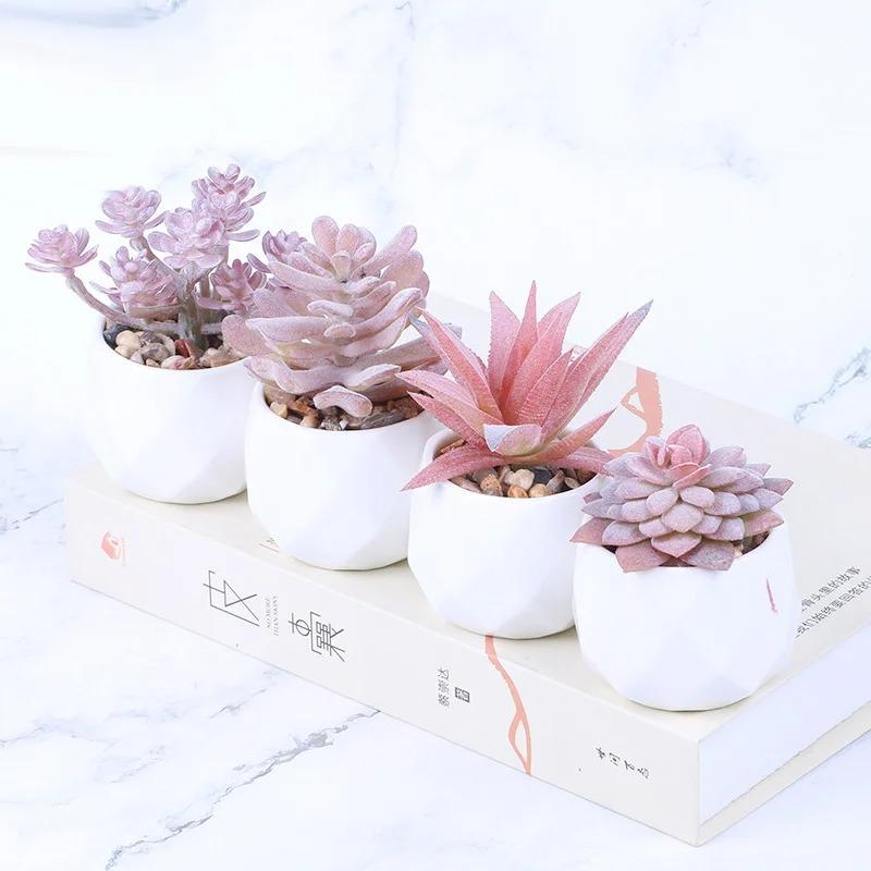 Pink Flocking Artificial Succulents Plants With Pot For Home Garden Decoration Fake Bonsai Flower Planta Artificial Accessories