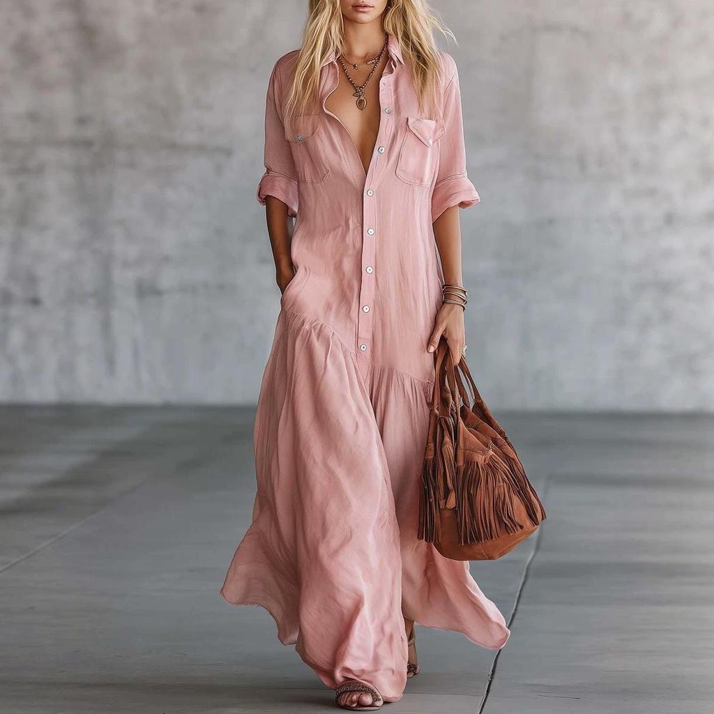 2026 Damen Sommer Patchwork Knopfleisten Hemdkleid