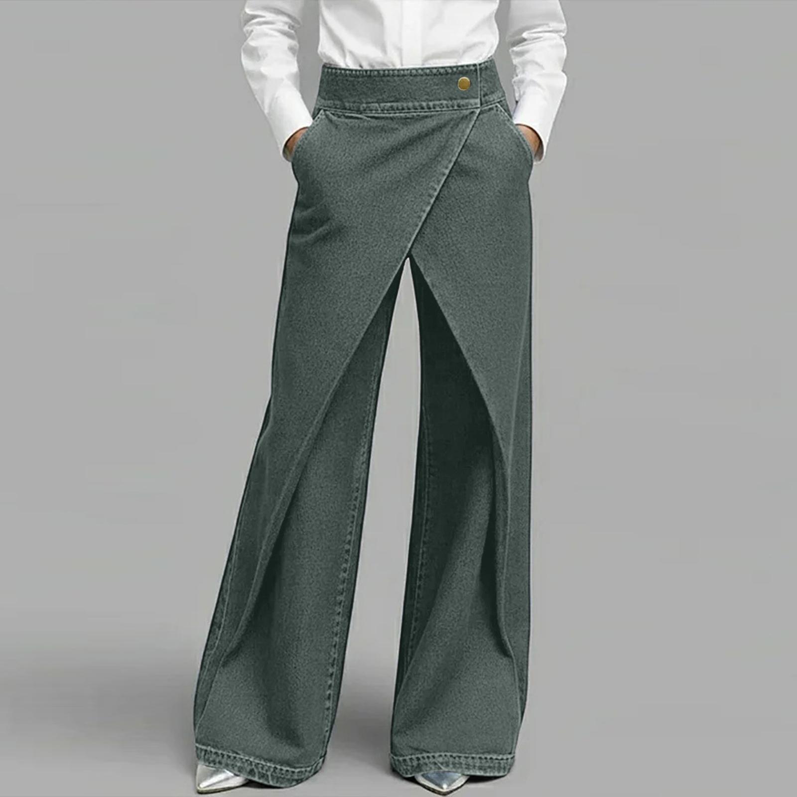 

Women High Waist Button Front Wide Leg Denim Pants with Overlapping Wrap Design and Functional Pockets for Spring and Autumn XXL чорний
