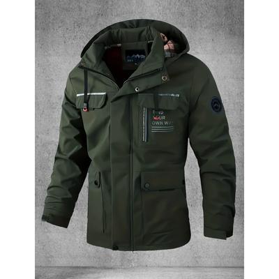 Men's Softshell Jacket, Spring and Autumn Multi-Pocket Hooded Jacket, Waterproof and Windproof Outdoor Jacket for Hiking and Camping