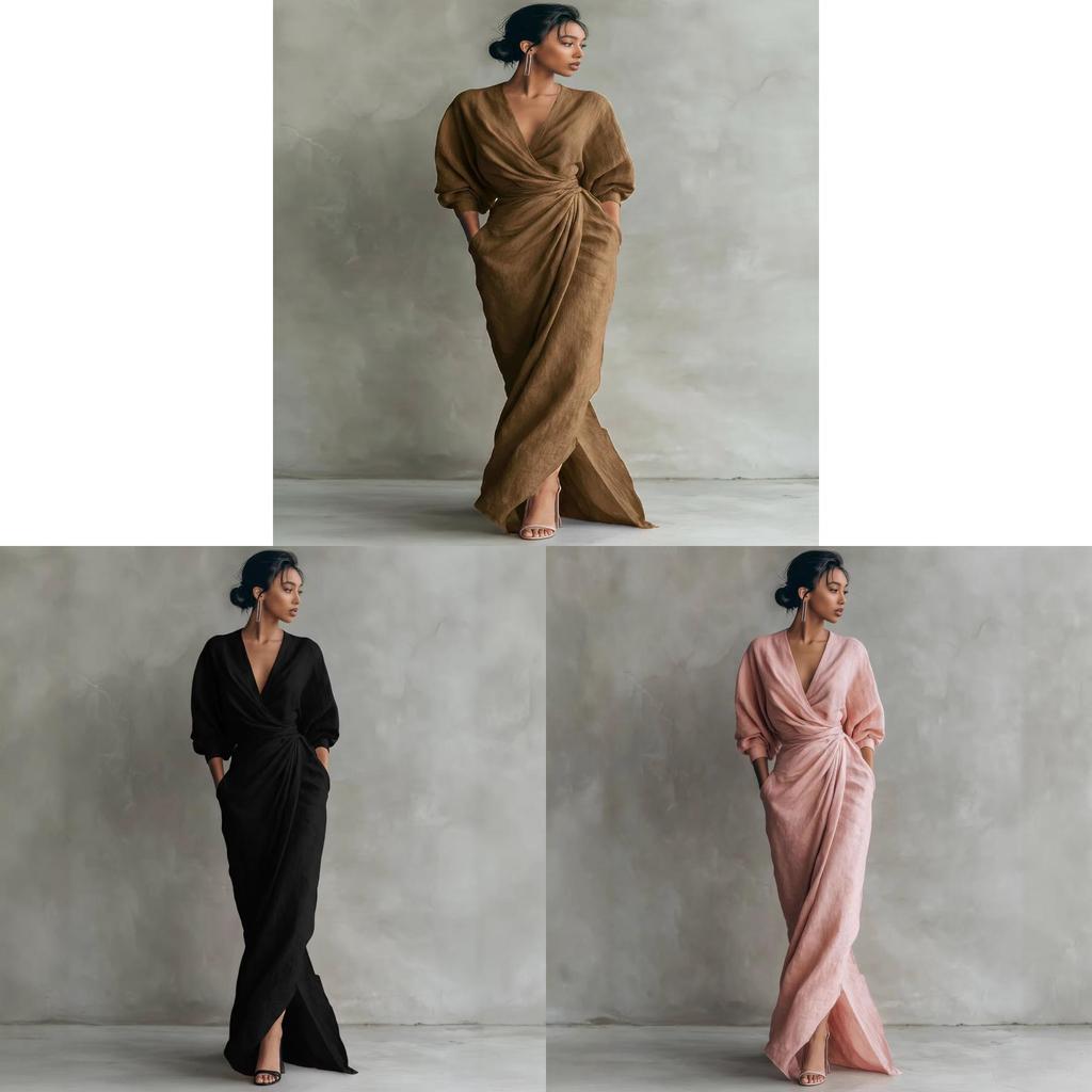 Polyester V-hals Lange Jurk Met Kruisband Voor Casual Reizen En Feestkleding
