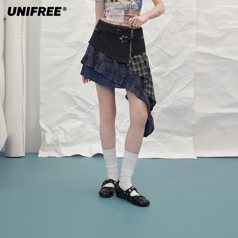UNIFREE Retro Plaid Irregular Hem Mini Skirt with Belt L